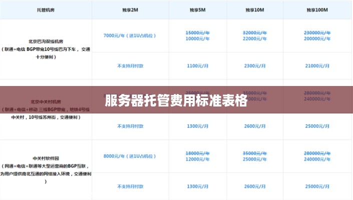 服务器托管费用标准表格